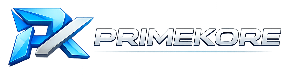 Logotipo horizontal de PrimeKore con símbolo PK en azul y texto metálico, empresa de soluciones digitales y marketing online