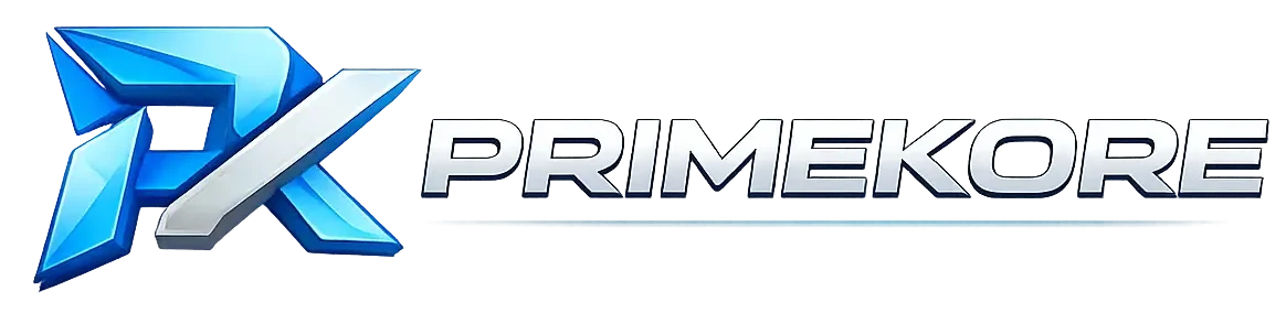Logotipo horizontal de PrimeKore con símbolo PK en azul y texto metálico, empresa de soluciones digitales y marketing online