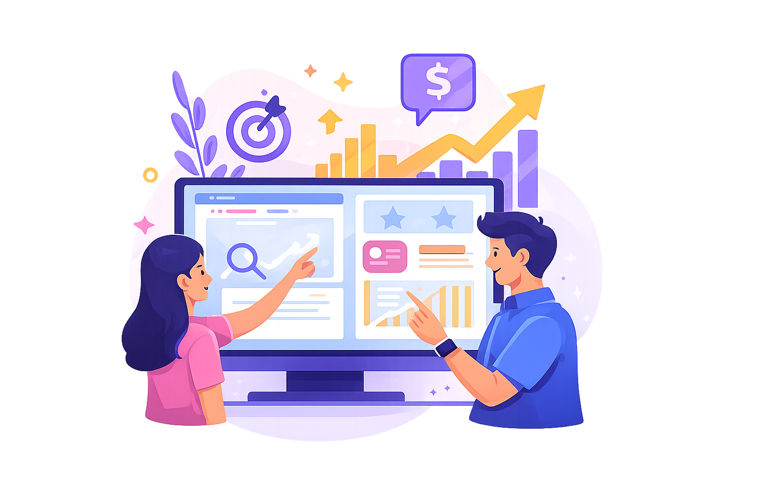 Ilustração de estratégia de marketing digital e análise de dados para crescimento online de empresas
